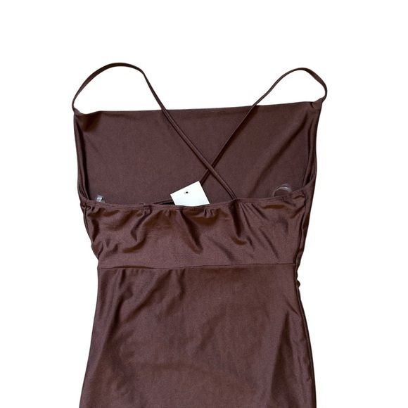Brown Ruched Bodycon Midi Dress Sz S Spaghetti Strap Slit Wedding Cocktail Party - Picture 4 of 8